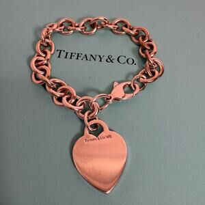 7" Tiffany & Co Blank Heart Tag Charm Bracelet in Sterling Silver 925 CLASSIC